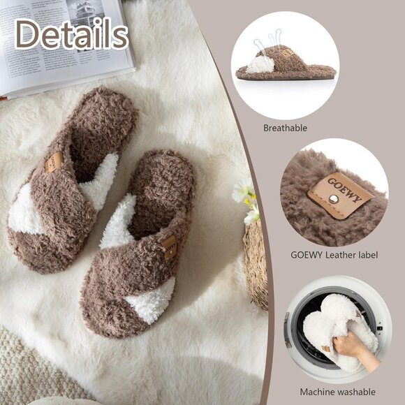 ⚡Women’s Brown White Faux Fur Cozy Fuzzy Cross Band Slippers Indoor House Shoes - Picture 4 of 6